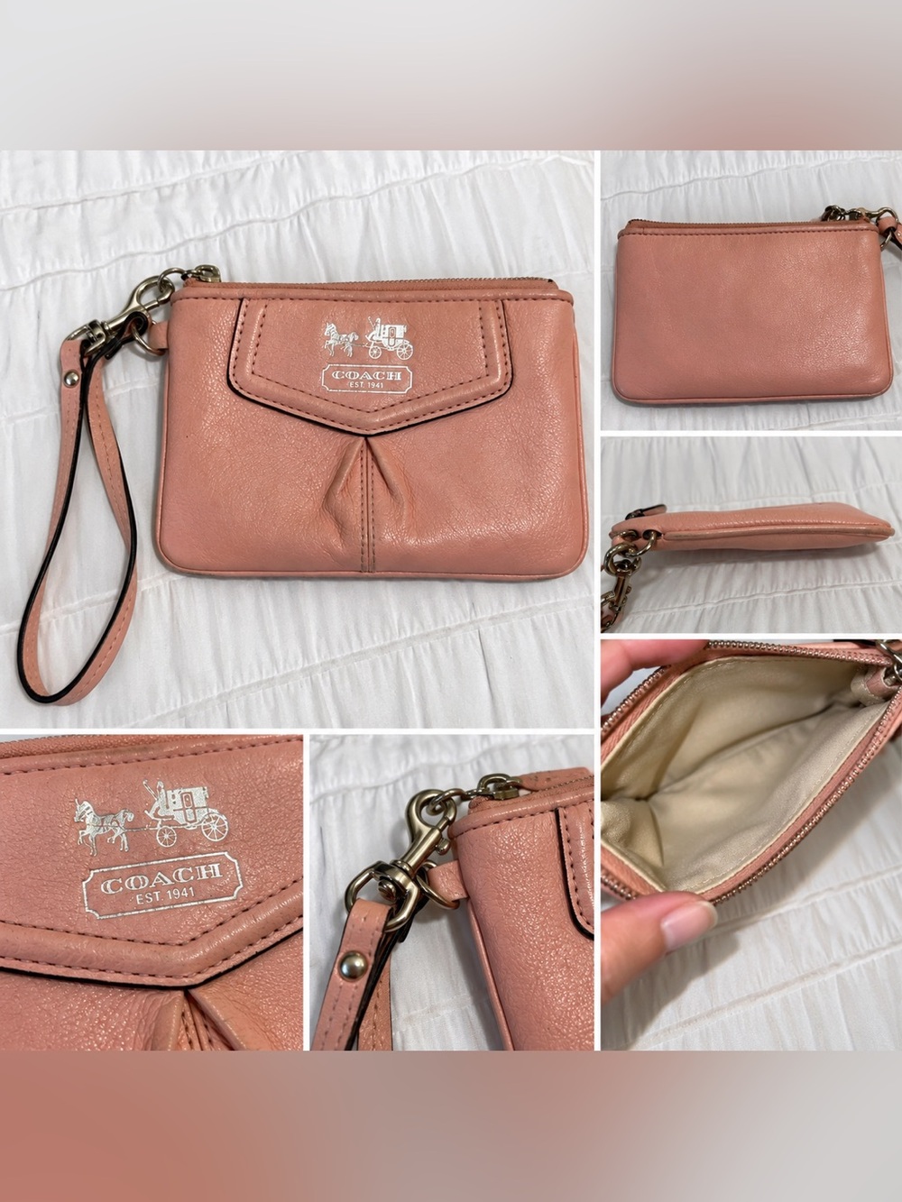 Coach Pink Leather Wristlet Clutch Zip Pouch Detachable Strap